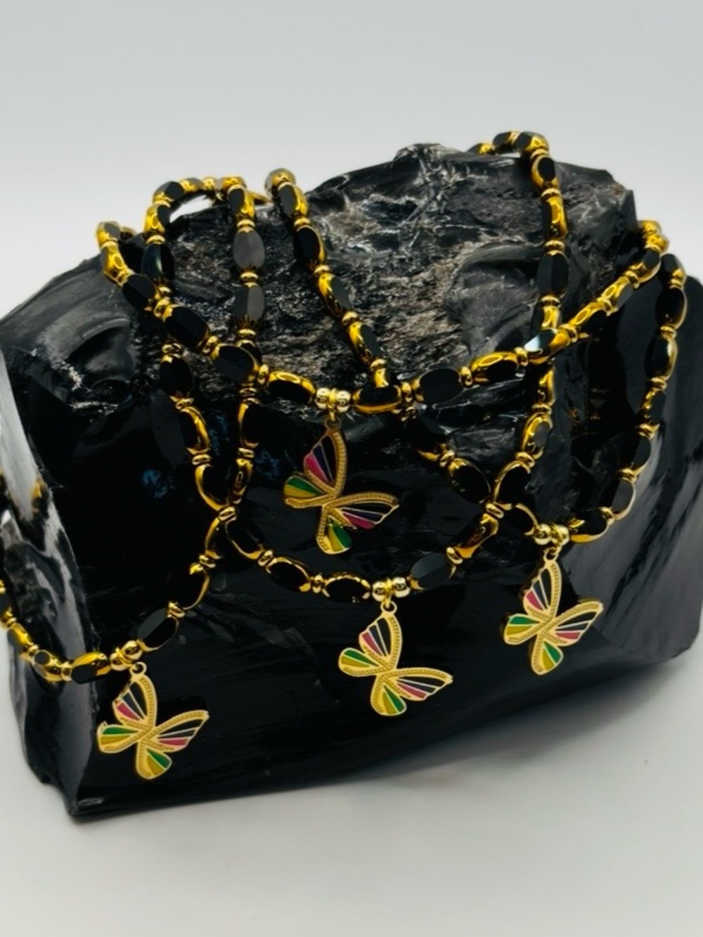 *ANKLET* Rainbow Butterfly with Black Glass Stretchy Anklet
